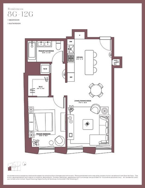 Floor plan for 1 bed, 1 bath, 724 sqft